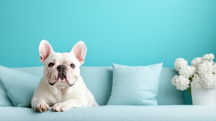 A charming white French Bulldog lounging comfortably on a soft, pastel blue couch, surrounded by fluffy pillows and flowers, exuding a relaxed and adorable vibe in its cozy setting.