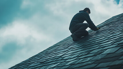 Roof Repair: Worker on Slate Roof Under Cloudy Sky