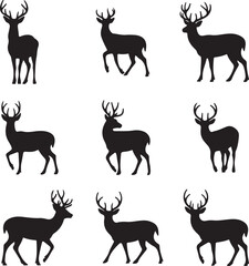 Nine Black Silhouettes of Deer in Various Poses