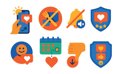 Flat vector icons of mindful social media use: conscious social media scrolling guide, social media fasting challenge badge, muting distractions icon, positive content curation badge, online kindness
