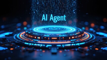 An AI agent hologram symbolizing agentic autonomy for collaboration with the human workforce using autonomous agents to work in business partnership using teamwork 