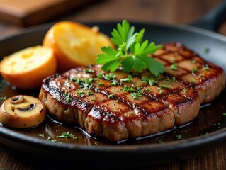 Sizzling steak, garlic mushrooms, baguette slices, tasty, meal