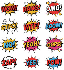 Twelve Comic Book Style Speech Bubbles with Exclamations