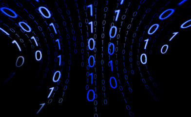 Cyberspace with stream of blue numbers 1 and 0 (binary code) on black background