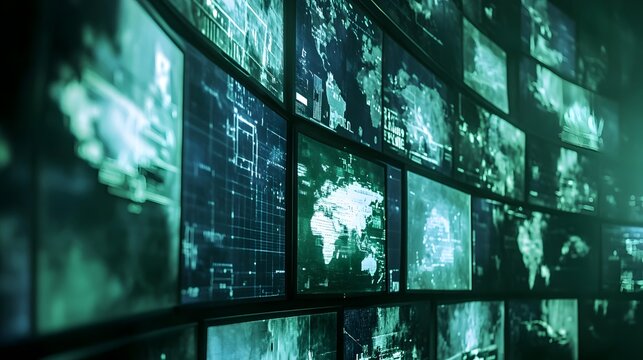 A wall of monitors showing various data visualizations and maps in a dark room with green lighting - Powered by Adobe