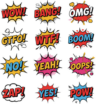 Twelve Comic Book Style Speech Bubbles with Exclamations