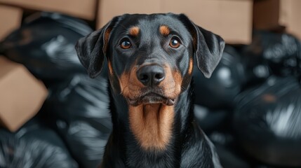 A captivating close-up shot of a Rottweiler's expression evokes strength and loyalty, set against a chaotic backdrop, emphasizing the beauty of canine resilience.