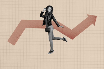 Composite trendy magazine photo collage of happy businesswoman walk arrow development statistics...