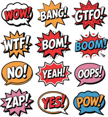 Twelve Colorful Comic Book Speech Bubbles with Exclamations