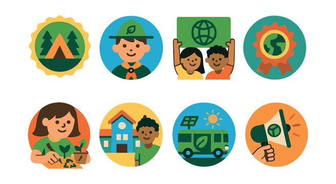 Flat vector icons of supporting eco kid’s activities: enrolling kids in eco-camps badge, participating in green scout programs badge, joining youth conservation clubs badge, supporting school