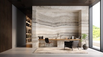 Modern cube study space with layered stone backdrop  