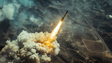 A missile launching with a large cloud of smoke and flames against a mountainous landscape below it