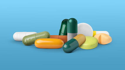 Different antibiotic pills on light blue background. Banner design