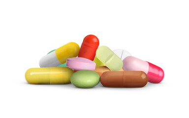 Many different antibiotic pills on white background