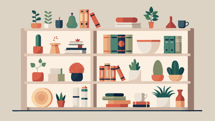 A simple white bookshelf filled with plants books and eclectic knickknacks. On the shelves a mix of ceramic vases woven baskets and colorful trinkets create a bohemian vibe against