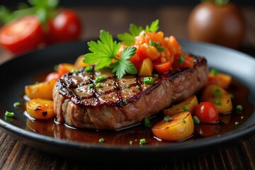 Succulent steak, charred vegetables, vibrant garnish , restaurant food, plate, delicious