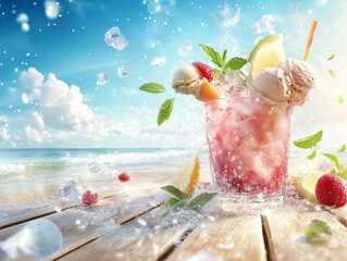 Refreshing summer cocktail exploding with fresh fruit on beach boardwalk