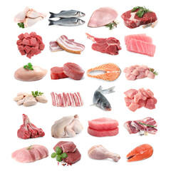Fish and meat. Different fresh raw products on white background, collage