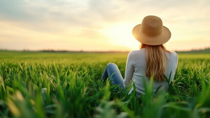 A woman wearing a straw hat sits peacefully in a lush green field, gazing at a stunning sunset, reflecting tranquility and a deep connection with nature.
