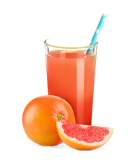 Tasty grapefruit juice in glass and fresh fruits on white background