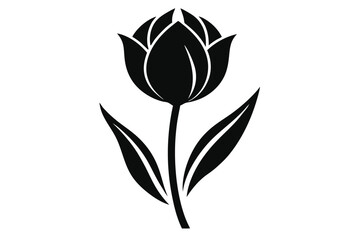 Obraz premium Silhouette of black tulip flower with stem and leaves offers a minimalist aesthetic