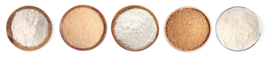 Different types of flour in bowls isolated on white, set. Top view