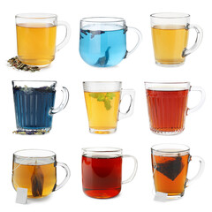 Different types of tea in glass cups isolated on white, set