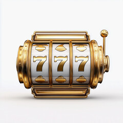 Gold and silver slot machine jackpot with 777 symbols on clean white backdrop
