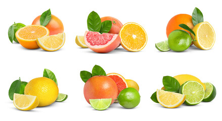 Fresh citrus fruits and green leaves on white background, set