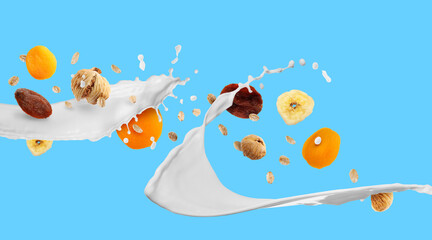 Milk splash with oat flakes and dried fruits on light blue background. Banner design