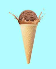 Chocolate ice cream in waffle cone and splash of milk on light blue background