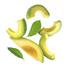 Fresh avocado pieces and green leaves falling on white background