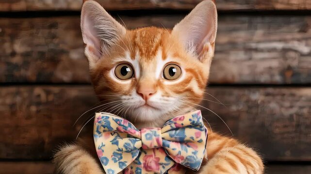 Cute orange kitten wearing a floral bowtie poses charmingly in rustic setting