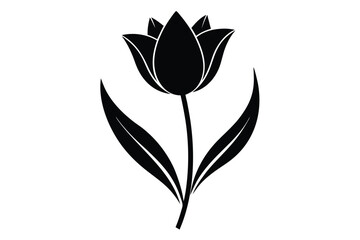 One stylized tulip flower blooms gracefully with curving leaves in monotone black