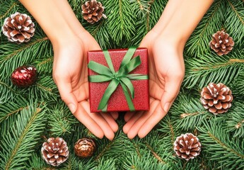 Hands holding a red gift box surrounded by Christmas greenery.  Small pine cones and ornaments are scattered around