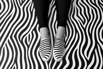 Black and white zebra print shoes on a person's feet.  A pair of slip-on shoes with black and white horizontal stripes sit atop a zebra print floor, the person's legs are visible below