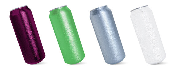 Tin cans with water drops isolated on white, set