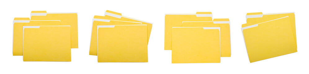 File folders with sheets of paper isolated on white, collage. Top view
