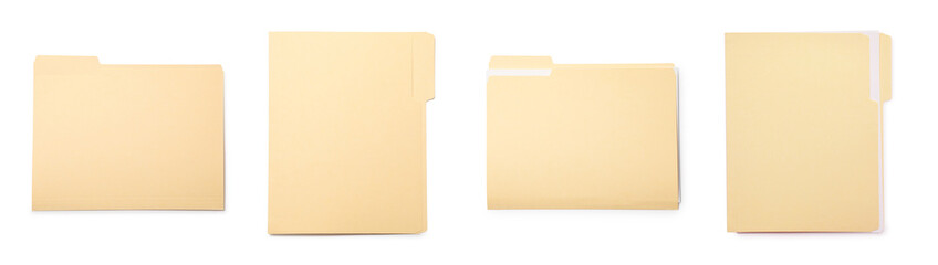 File folder isolated on white, collage. Top view