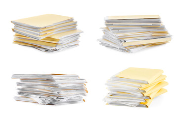 File folder with sheets of paper isolated on white, collage