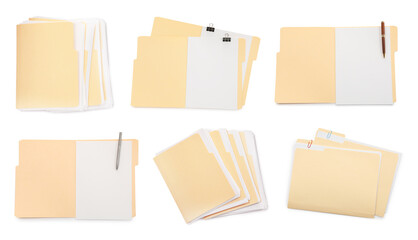 File folders with sheets of paper isolated on white, collage. Top view