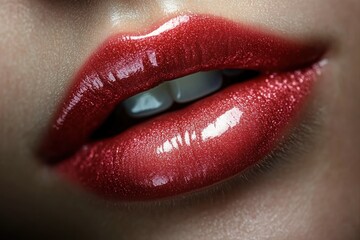 Obraz premium Close-up of glossy, shimmering red lips slightly parted showing white teeth, highlighting smooth skin texture and glamorous makeup look