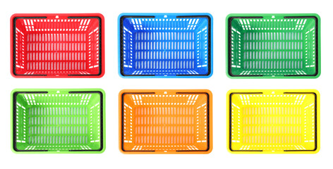 Shopping baskets in different colors isolated on white, set. Top view
