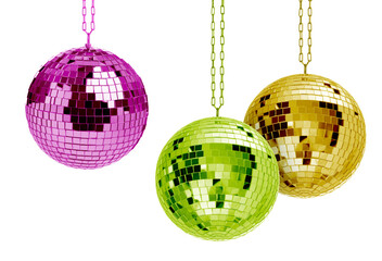Different shiny disco balls on white background