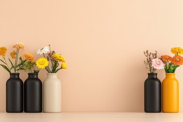 Brightly colored flowers in vases arranged on a light background create a vibrant home decor display in a modern setting
