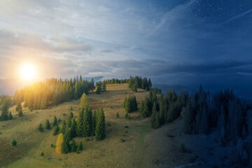 Beautiful mountain landscape on sunny day and starry night, combined design