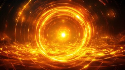 Obraz premium Radiant glowing golden circular vortex emitting light with sparkling particles and swirling energy patterns in a dark background