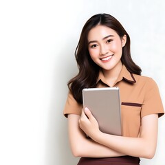 Fototapeta premium Smiling Young Woman Holding Tablet in Casual Office Environment