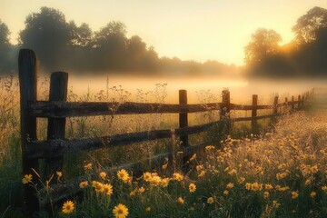 Obraz premium Sunlit morning meadow with wild yellow flowers and a rustic wooden fence surrounded by tall grass and distant trees in soft warm haze