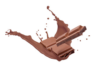 Chocolate pieces and splash of cocoa drink in air on background